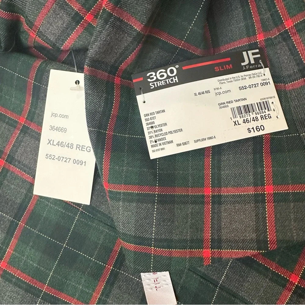 JF J Ferrar Sports Coat Slim Suit Jacket Men's XL 46/48 R Plaid Red Green